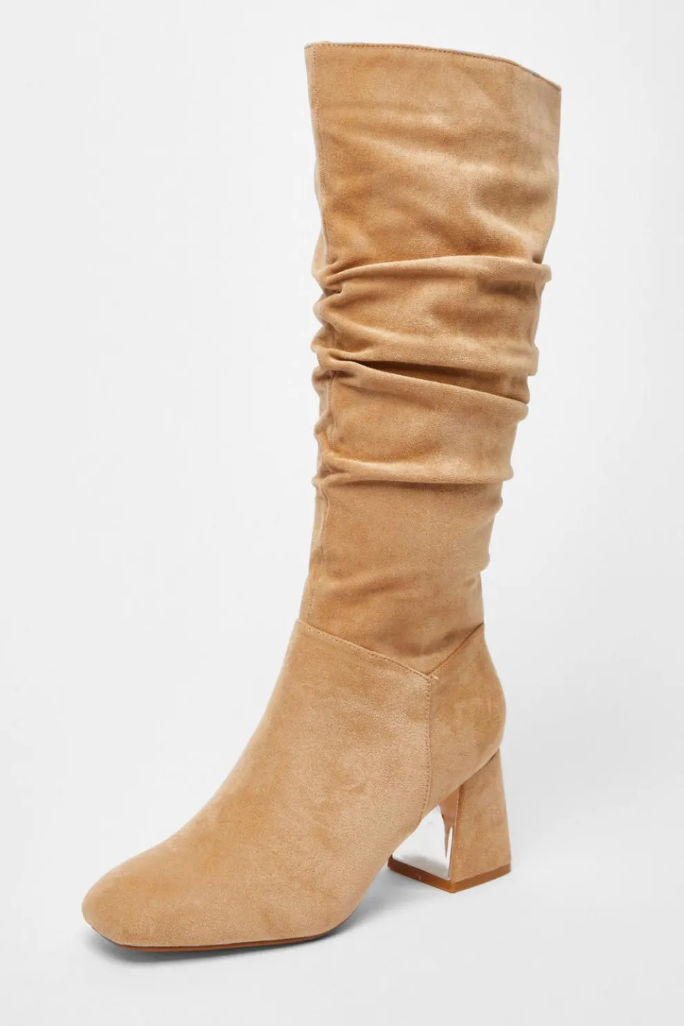 Taupe Faux Suede Ruched Heeled Boots
