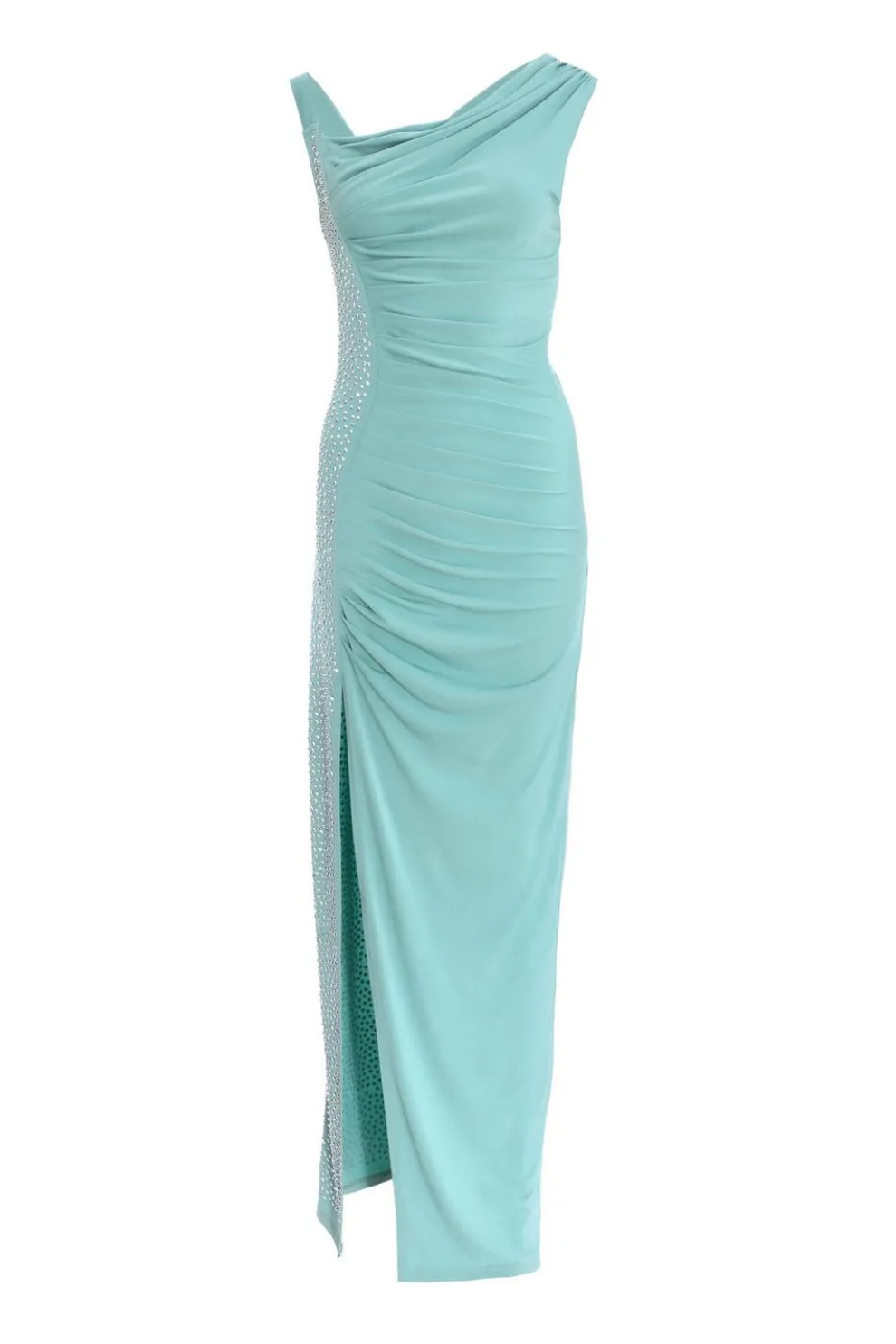 Teal Rhinestone Ruched One Shoulder Maxi Dress