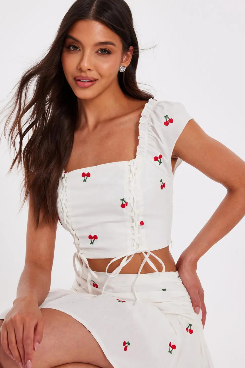 White Cherry Print Crop Top