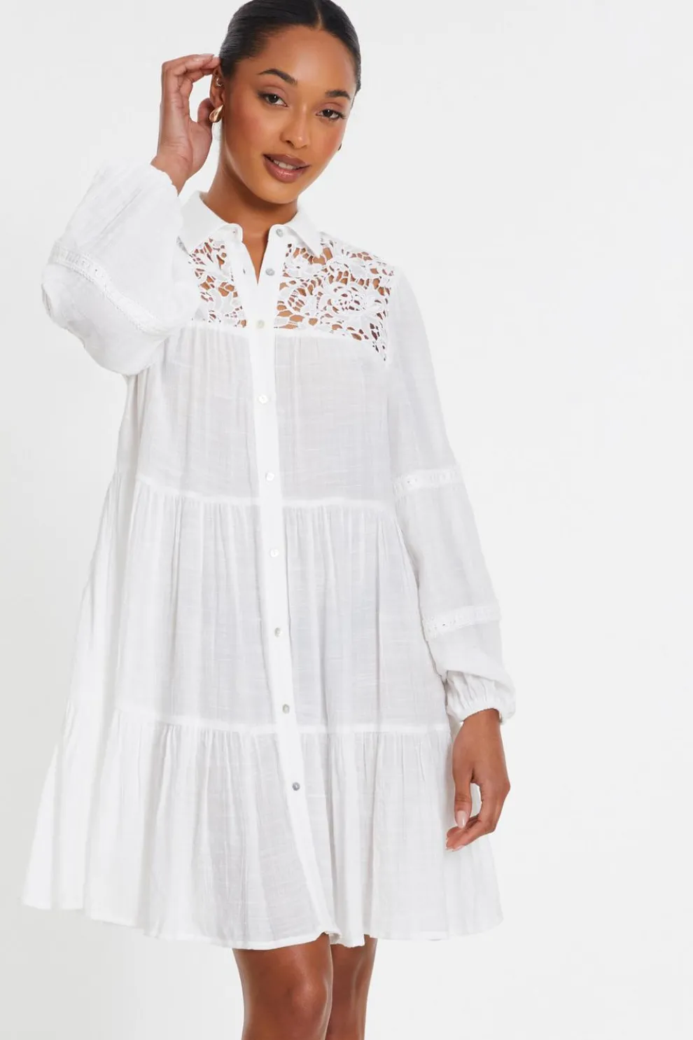 White Crochet Mini Shirt Dress