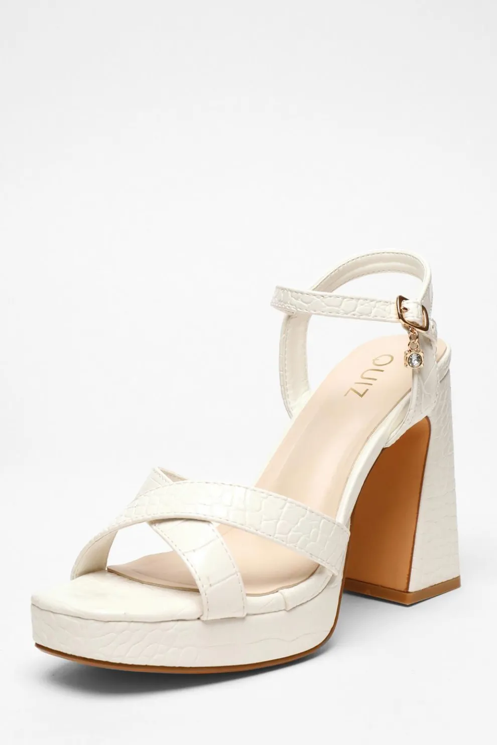 White Crocodile Cross Strap Platform Heeled Sandal