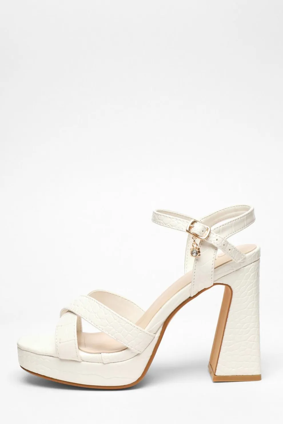 White Crocodile Cross Strap Platform Heeled Sandal