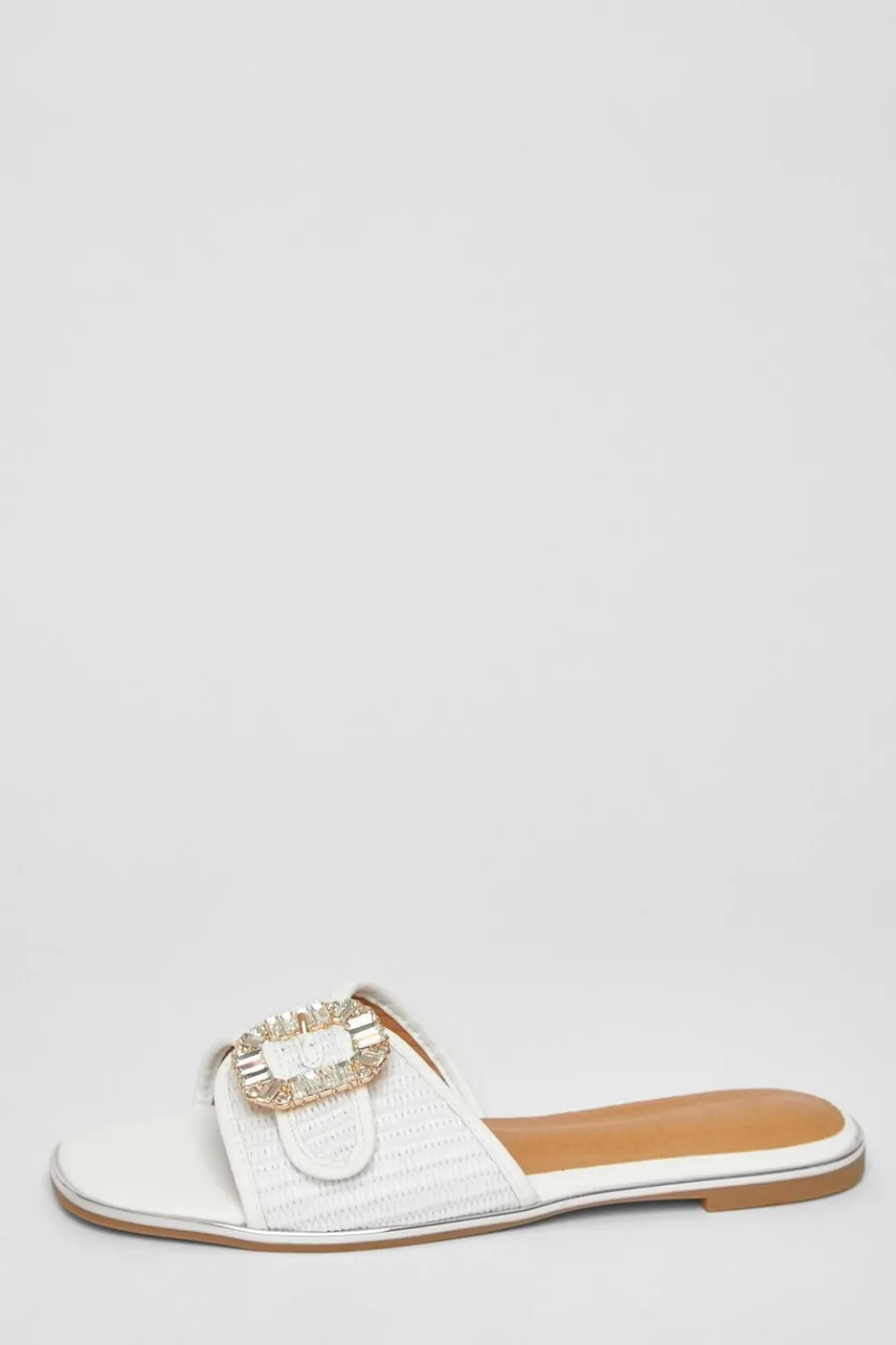 White Diamante Buckle Flat Sandals