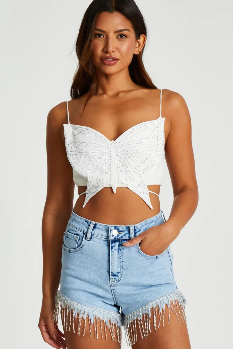 White Diamante Butterfly Tie Back Top