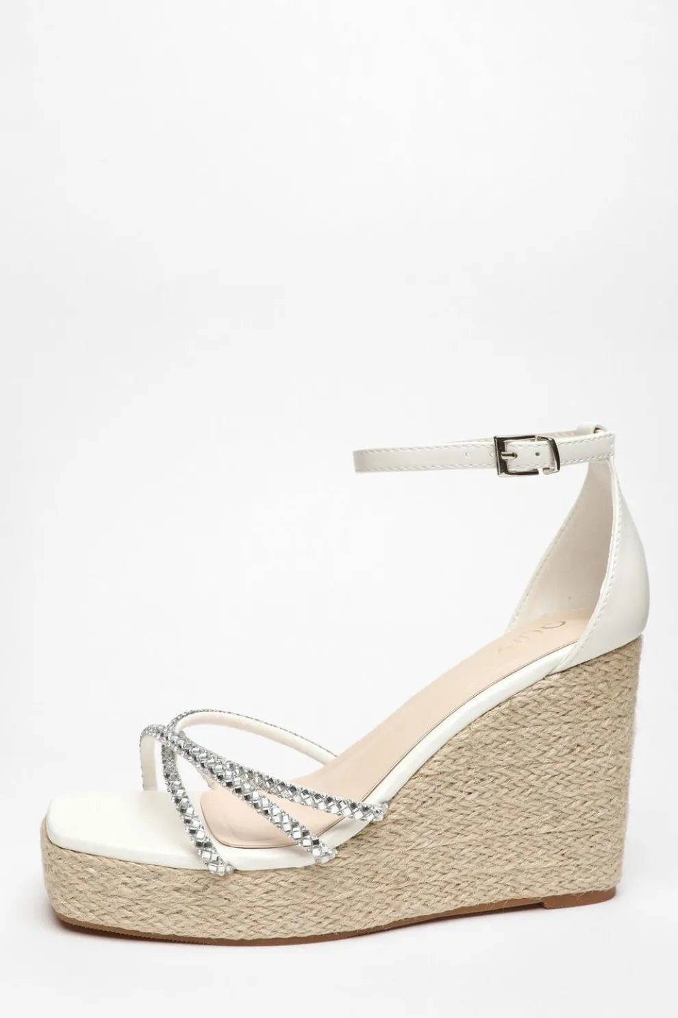 White Diamante Cross Strap Wedges