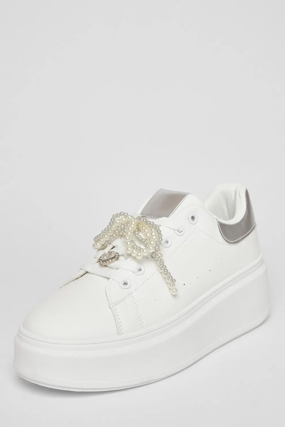 White Diamante Faux Leather Trainers