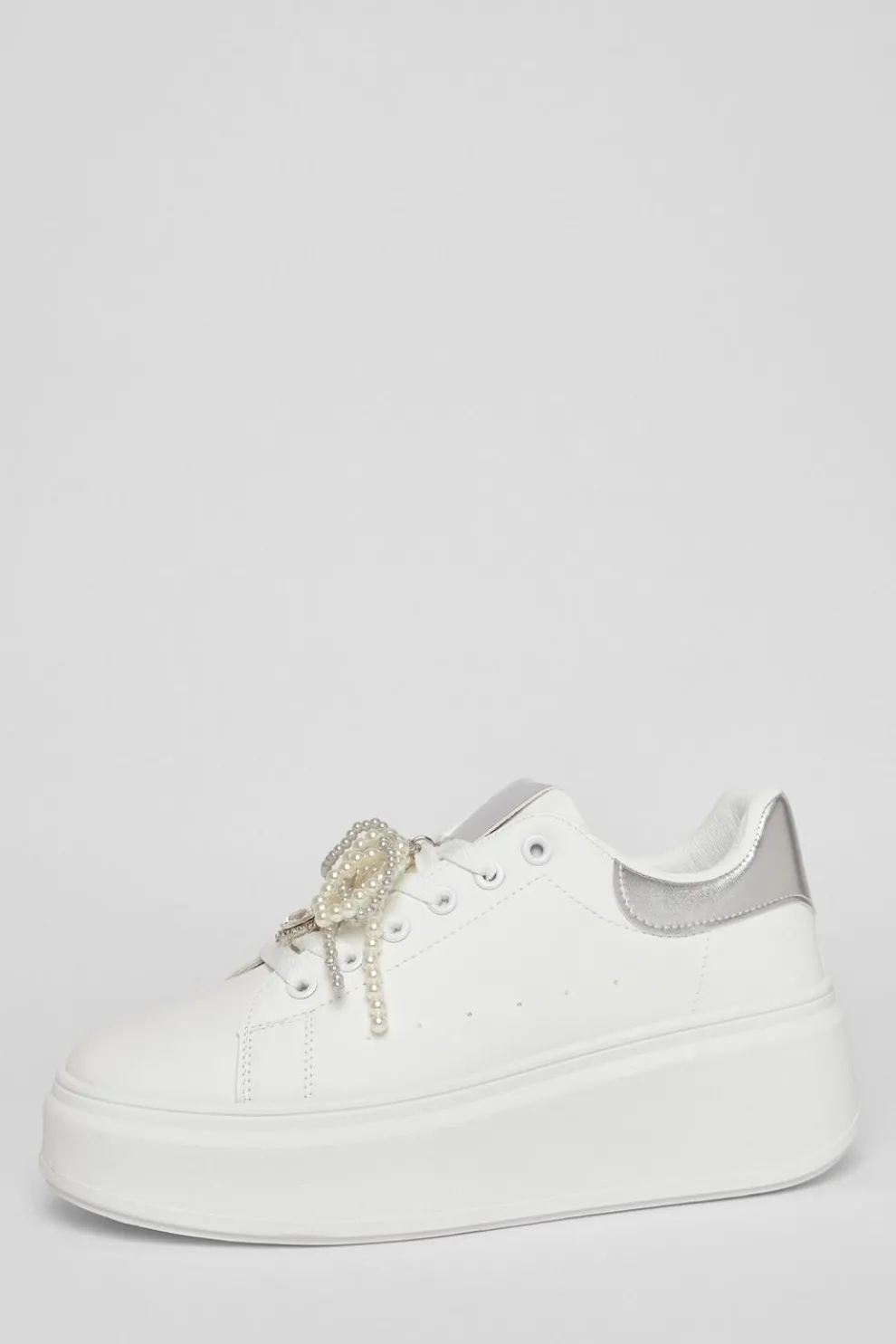 White Diamante Faux Leather Trainers