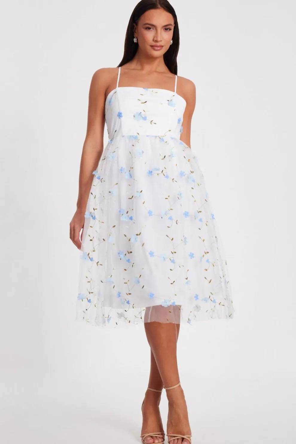 White Embroidered Floral Midi Dress