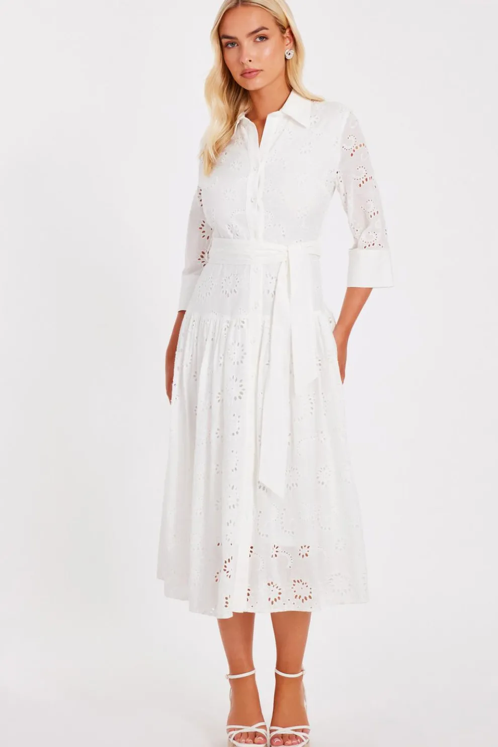 White Embroidered Midaxi Shirt Dress