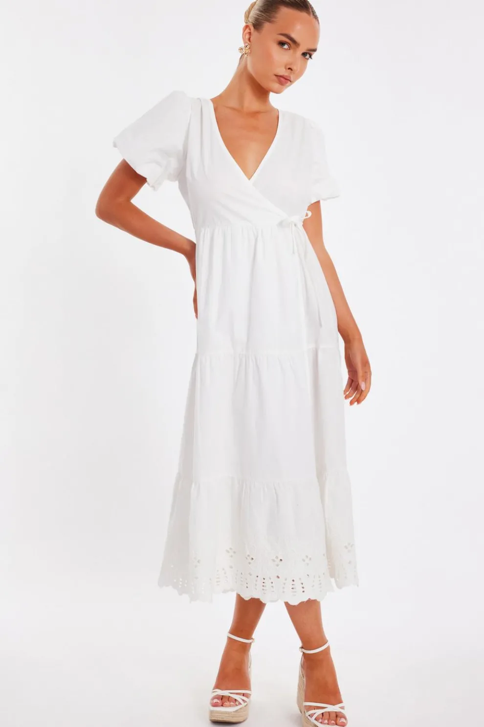 White Embroidered Hem Midaxi Dress