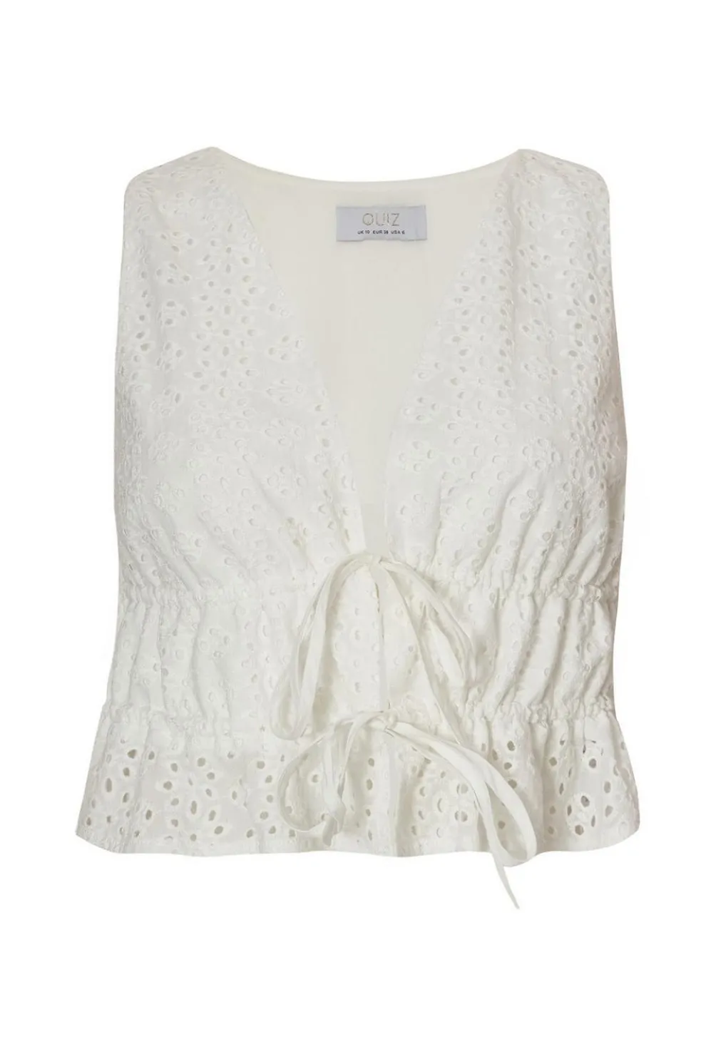White Embroidered Tie Front Top