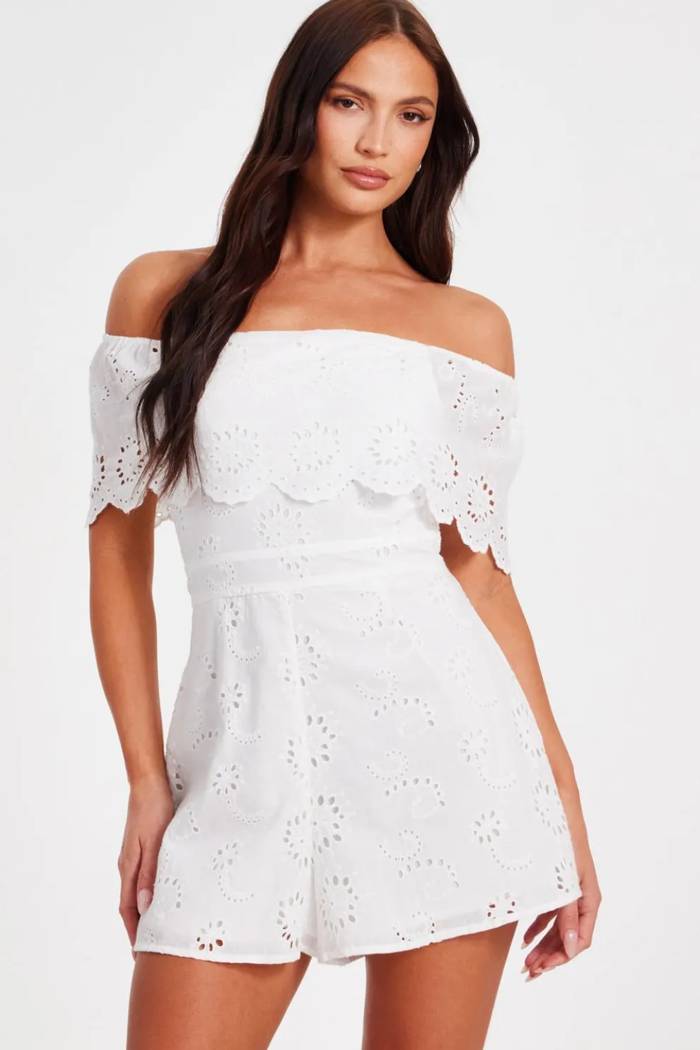 White Embroidered Bardot Playsuit