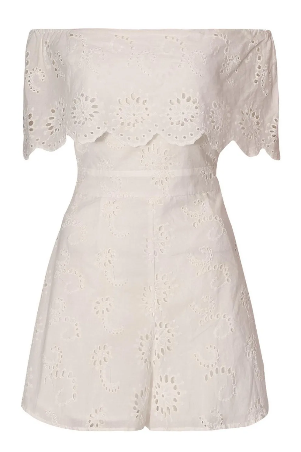 White Embroidered Bardot Playsuit