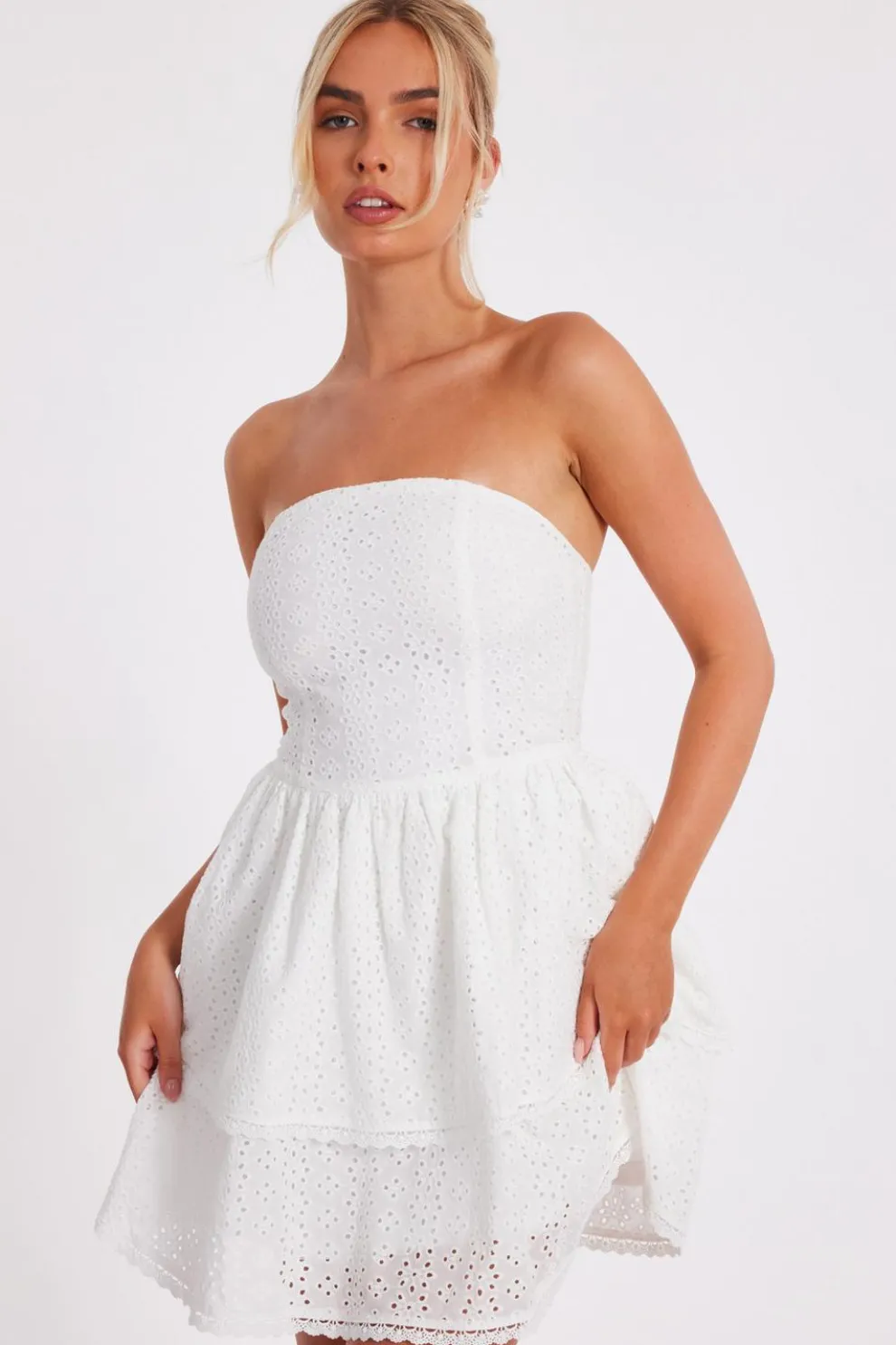 White Embroidered Bandeau Mini Dress