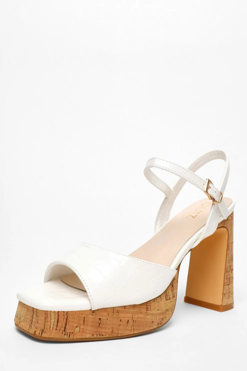White Faux Leather Cork Platform Heeled Sandals