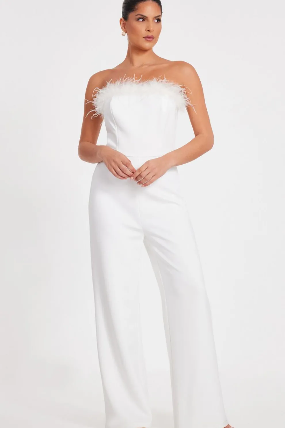White Feather Trim Jumpsuit