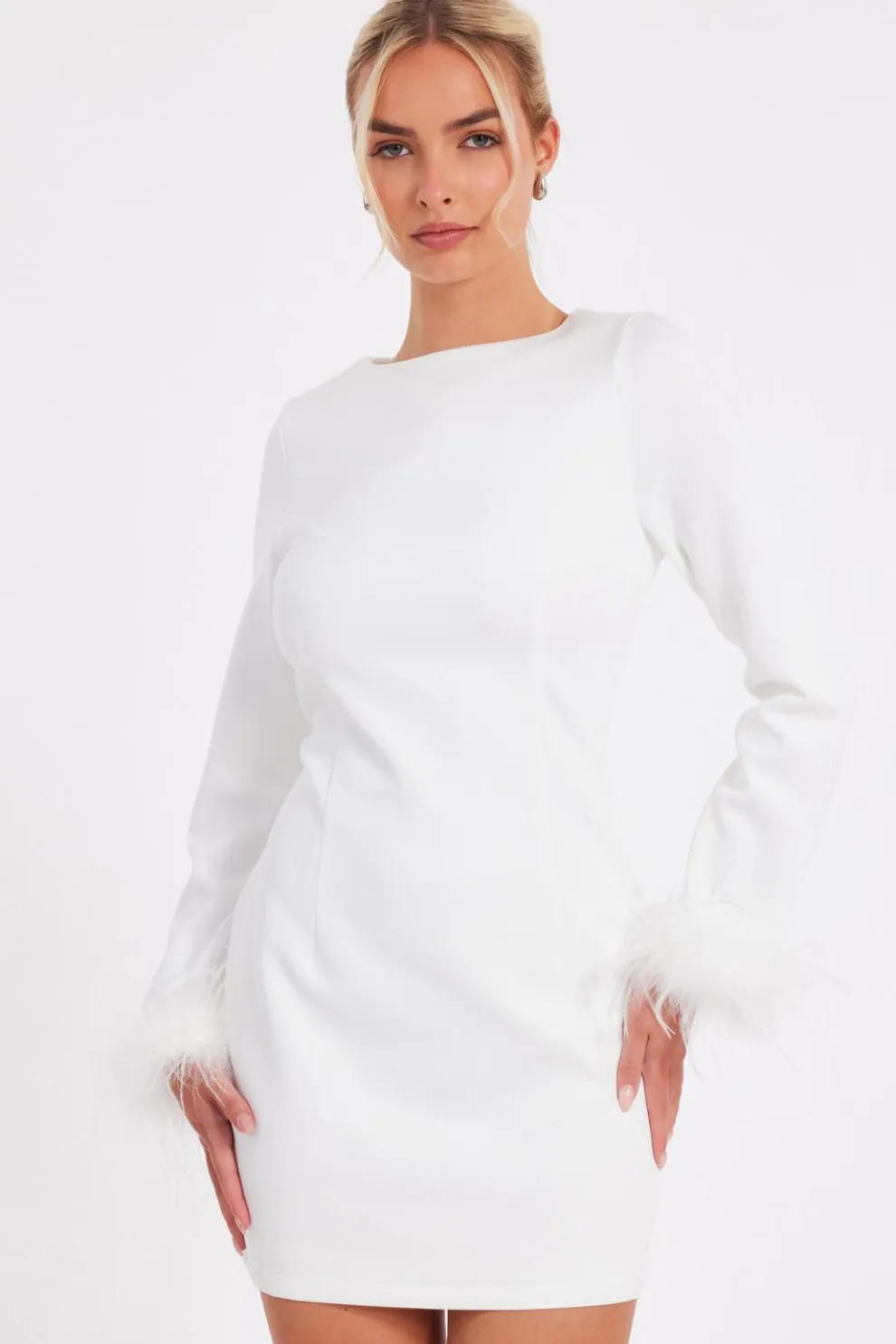 White Feather Trim Mini Dress