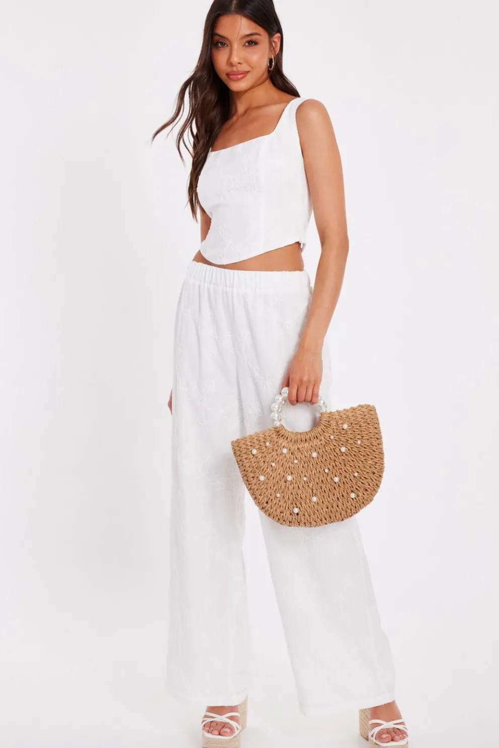 White Floral Embroidered Palazzo Trousers
