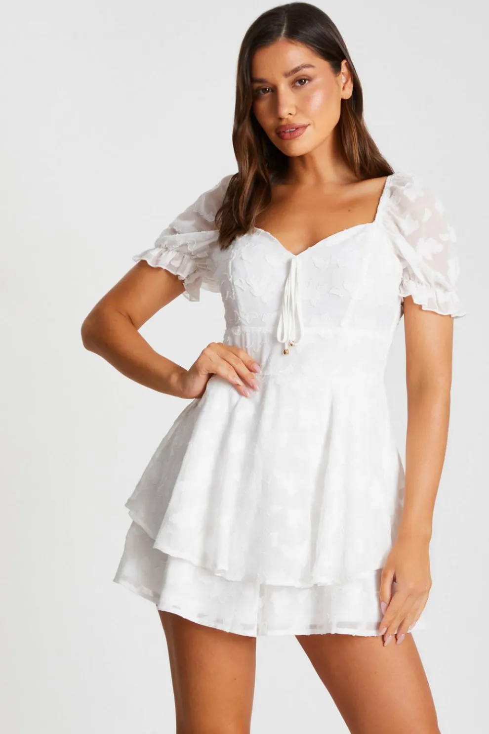 White Floral Jacquard Tiered Playsuit