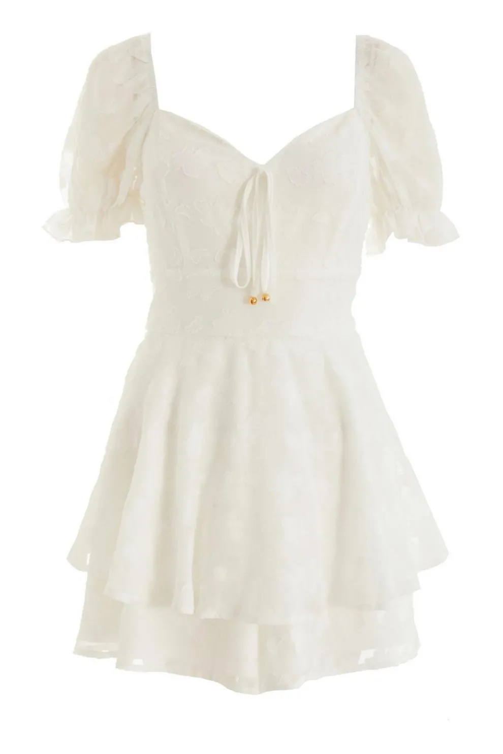 White Floral Jacquard Tiered Playsuit