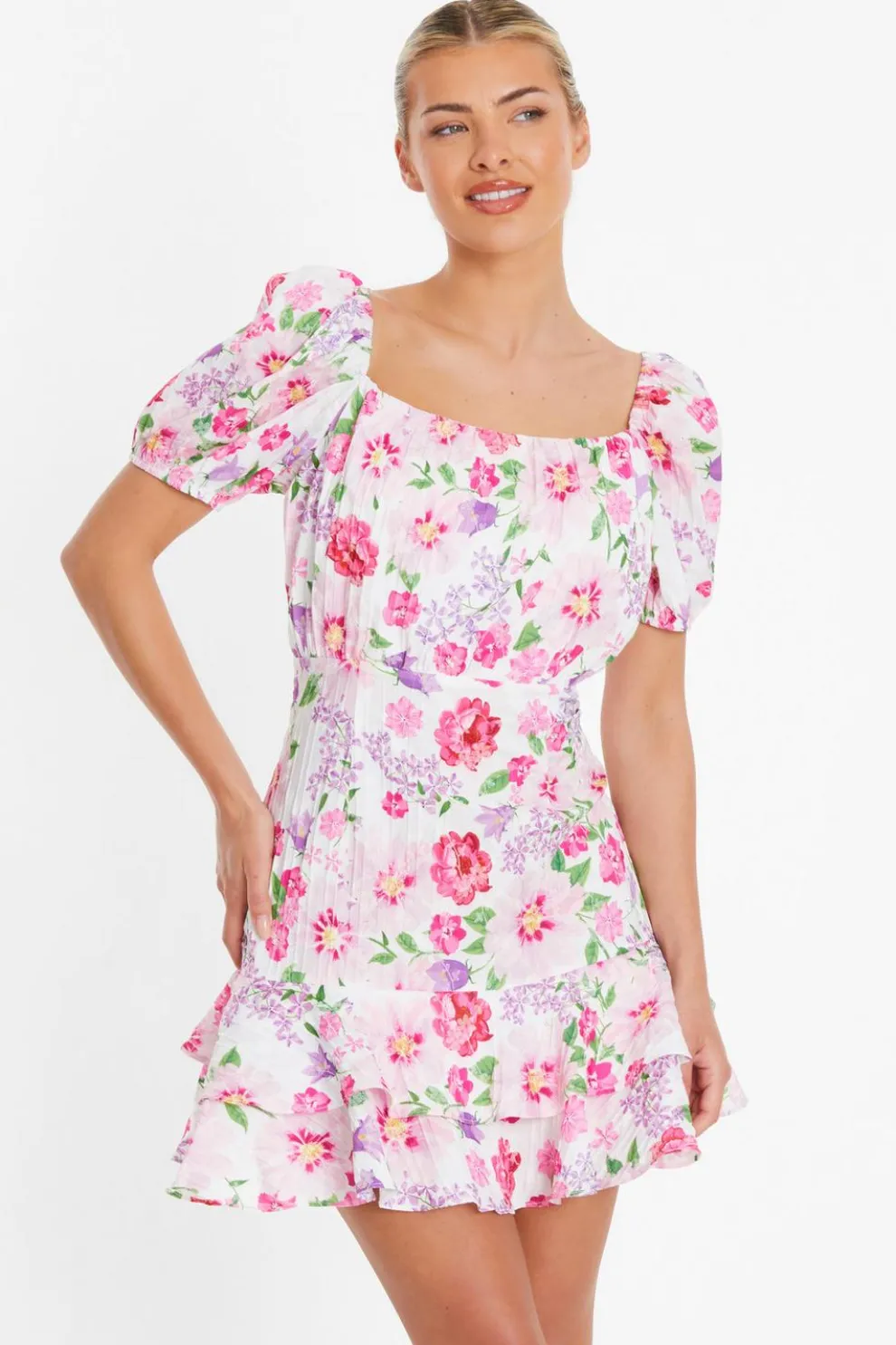 White Floral Puff Sleeve Dress