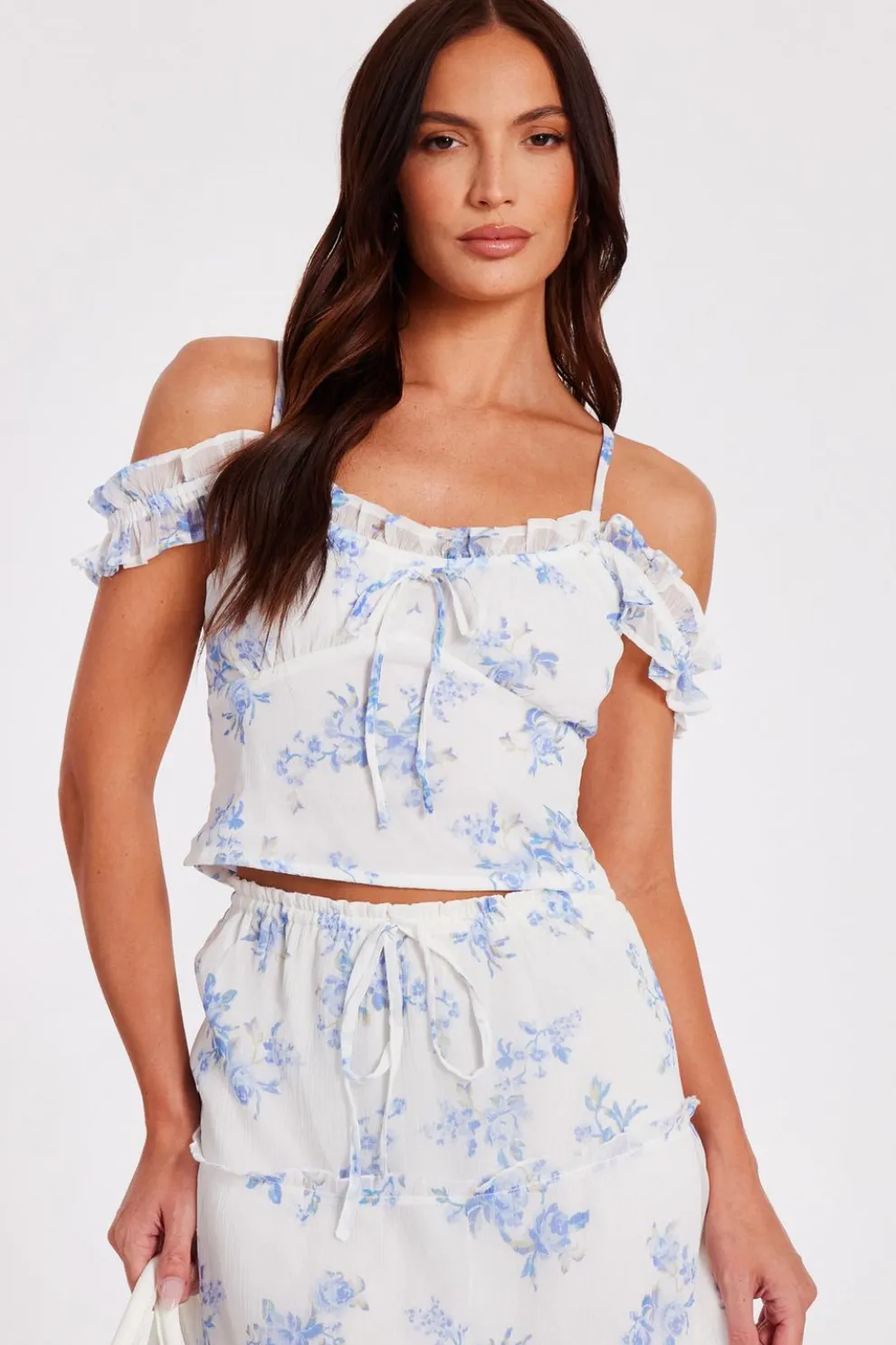 White Floral Tie Front Top