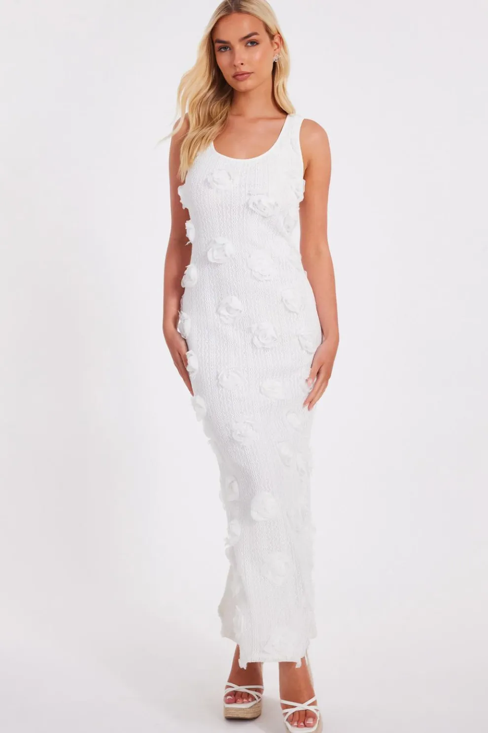 White Knitted Floral Midaxi Dress