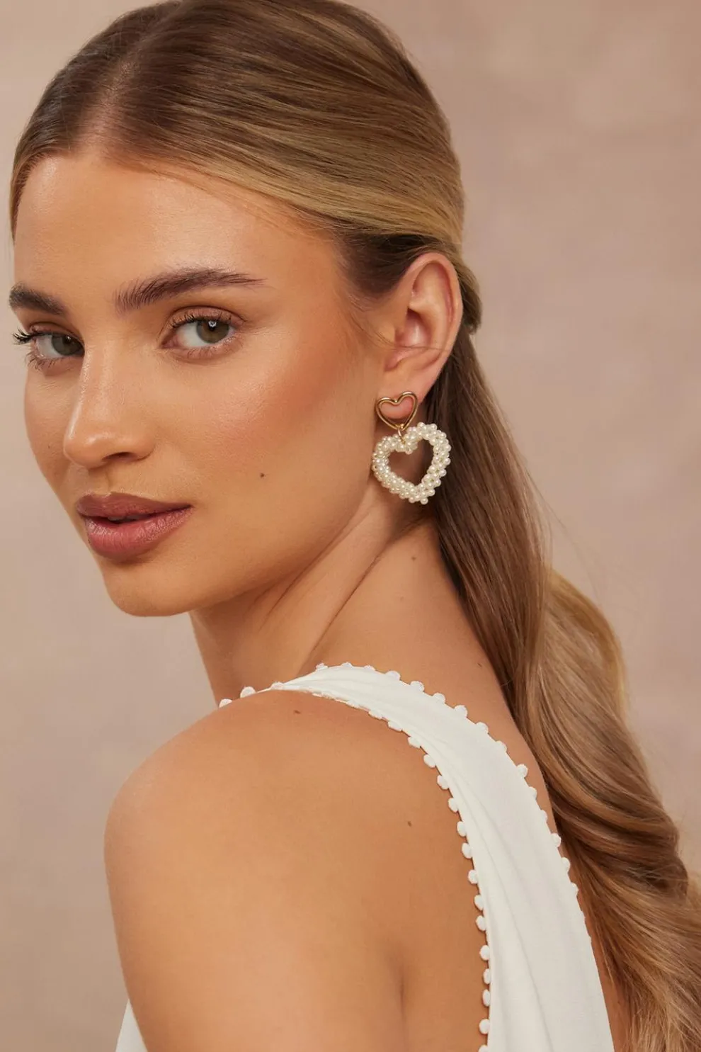 White Pearl Heart Earrings