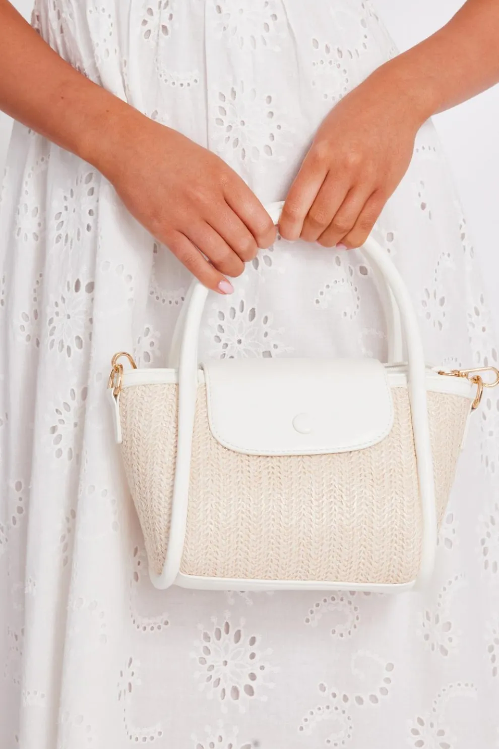 White Raffia Top Handle Bag