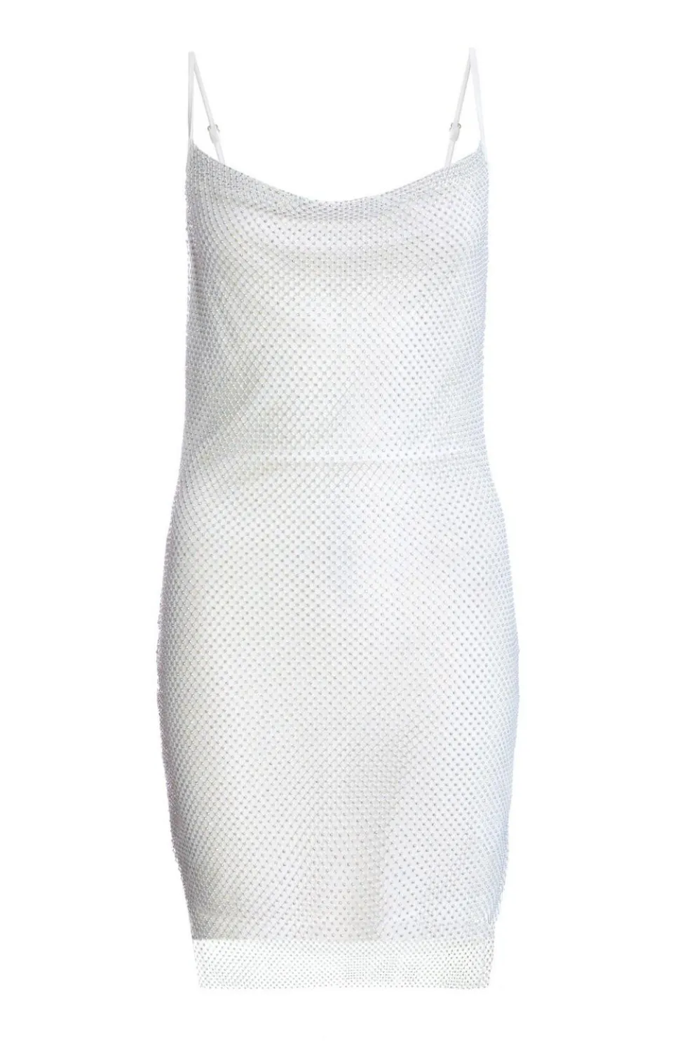 White Rhinestone Cowl Neck Dress