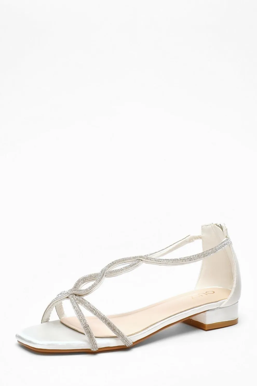 White Satin Diamante T-Strap Flat Sandals
