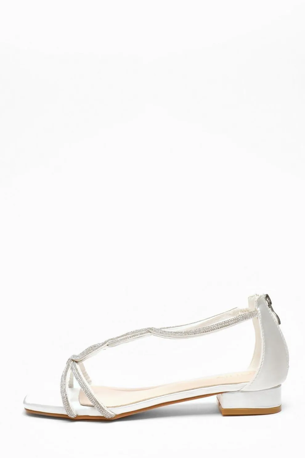 White Satin Diamante T-Strap Flat Sandals