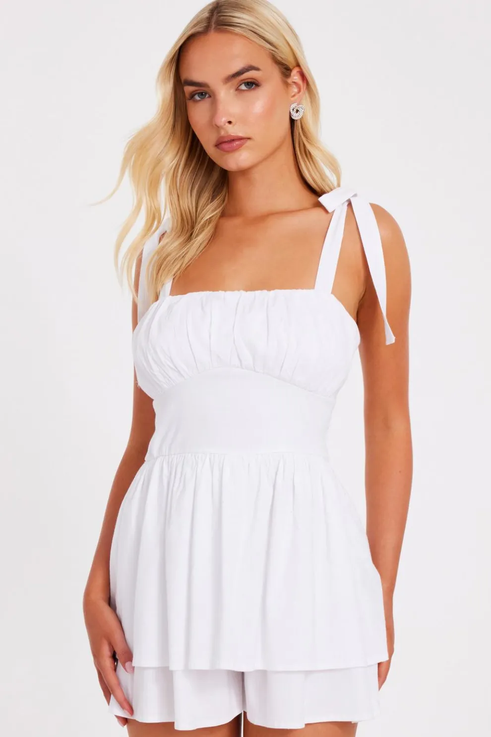 White Tie Shoulder Ruched Playsuit