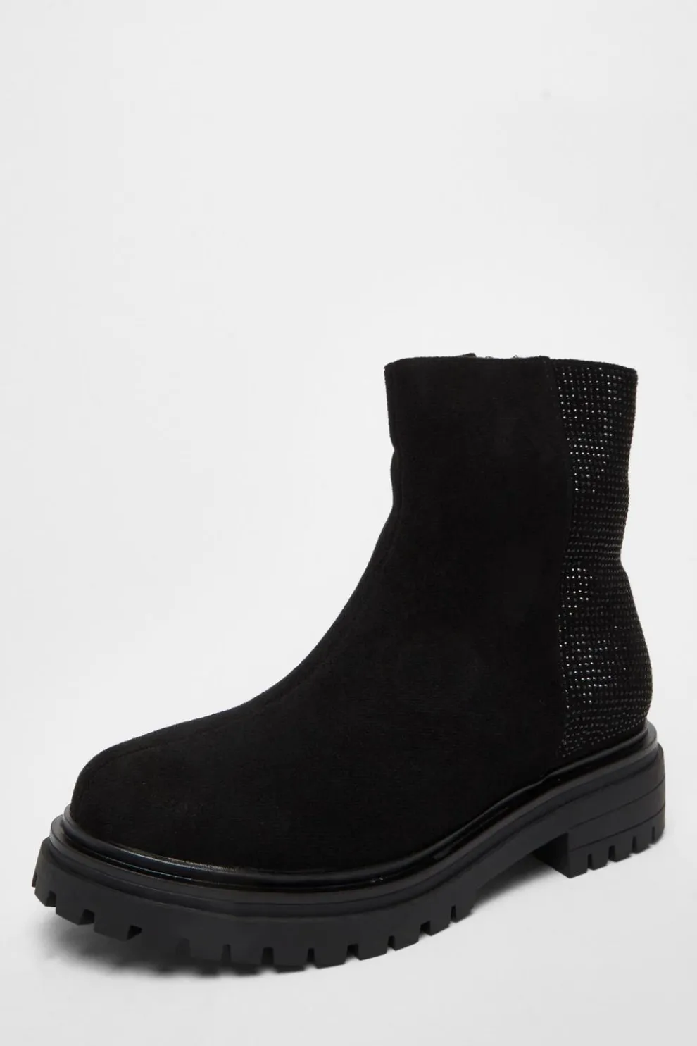 Wide Fit Black Diamante Faux Suede Ankle Boots