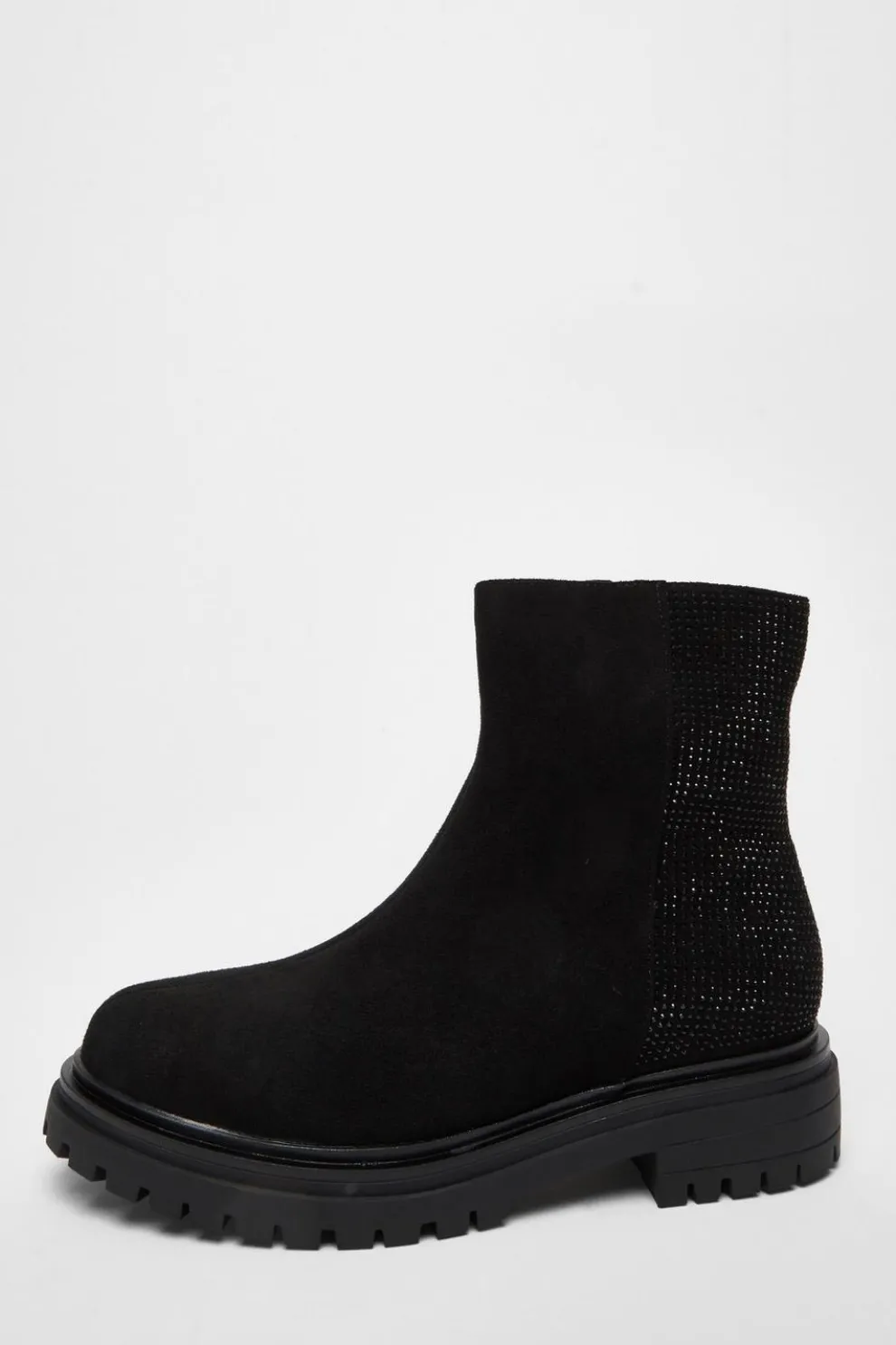 Wide Fit Black Diamante Faux Suede Ankle Boots