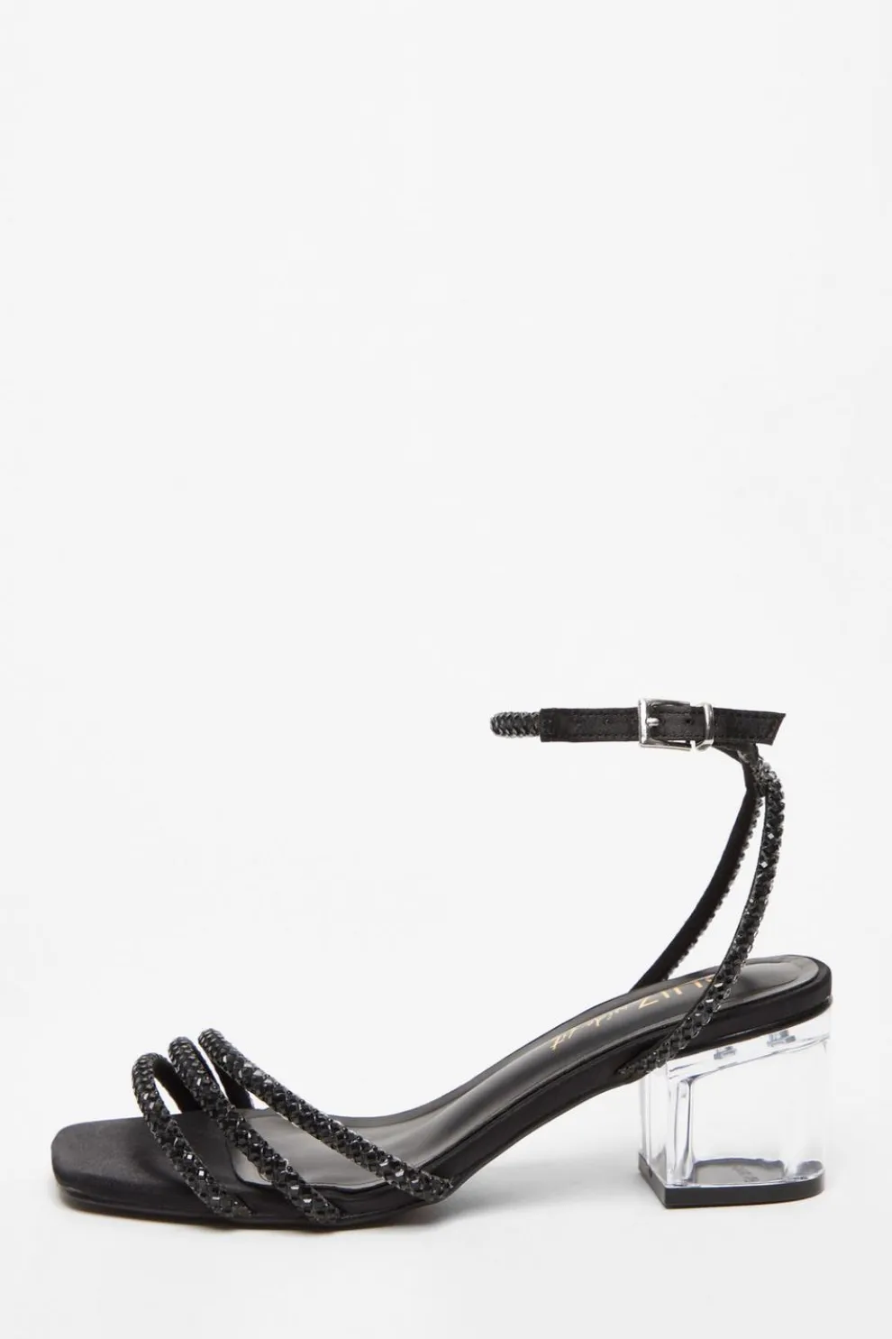 Wide Fit Black Diamante Low Heeled Sandal