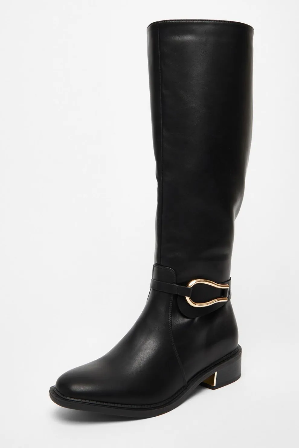 Wide Fit Black Faux Leather Knee High Flat Boots