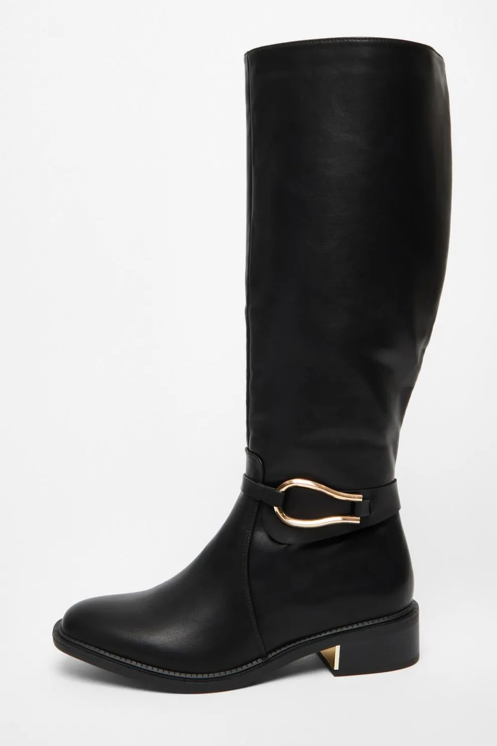 Wide Fit Black Faux Leather Knee High Flat Boots