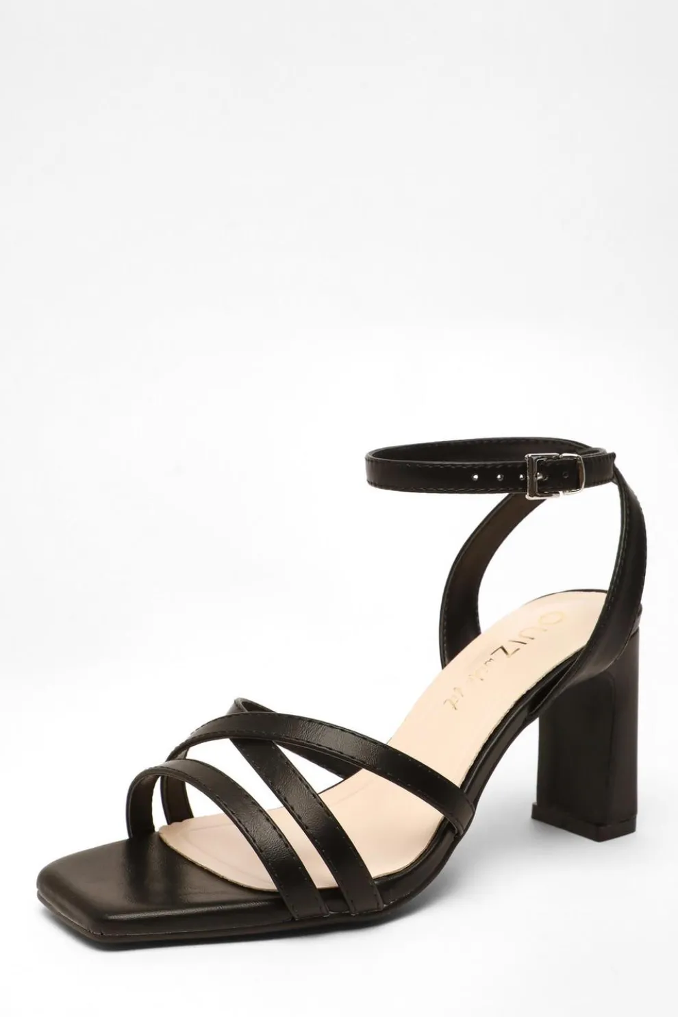Wide Fit Black Faux Leather Strappy Heeled Sandals