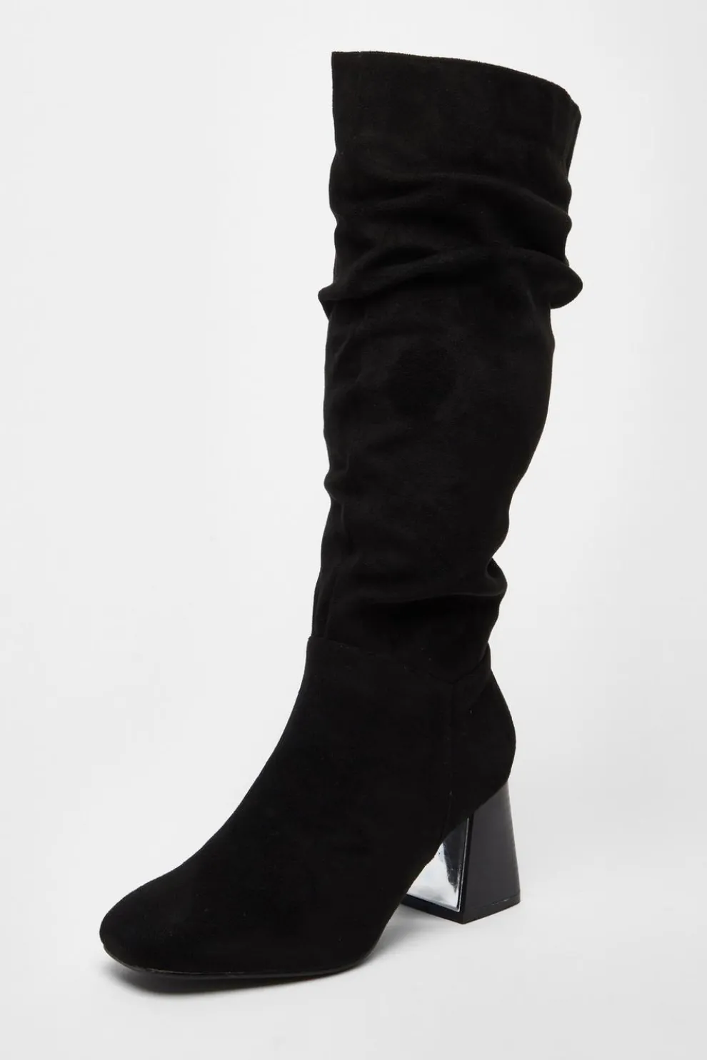 Wide Fit Black Knee High Faux Suede Block Heel Boots