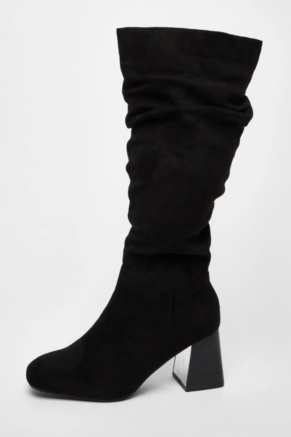 Wide Fit Black Knee High Faux Suede Block Heel Boots