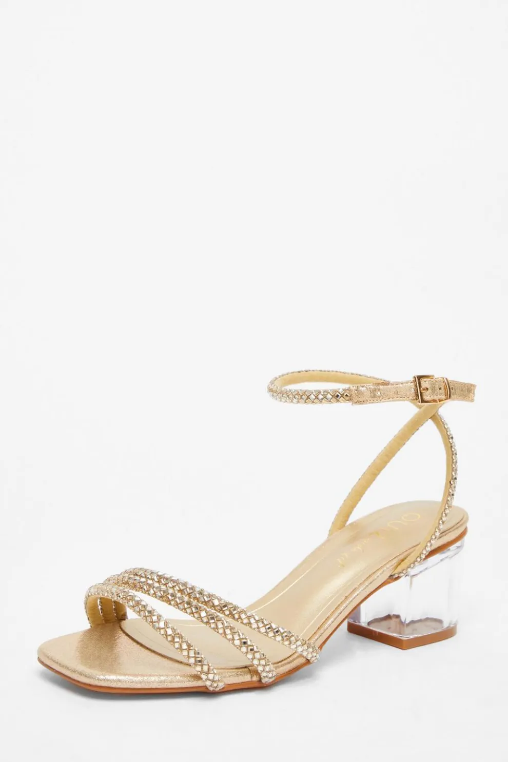 Wide Fit Gold Diamante Low Heeled Sandal