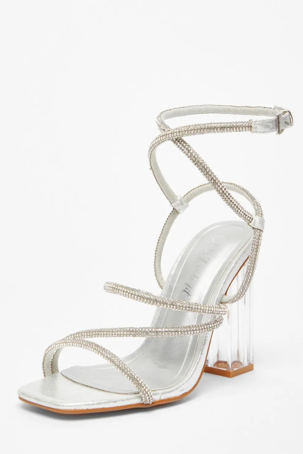 Wide Fit Silver Diamante Heeled Sandals