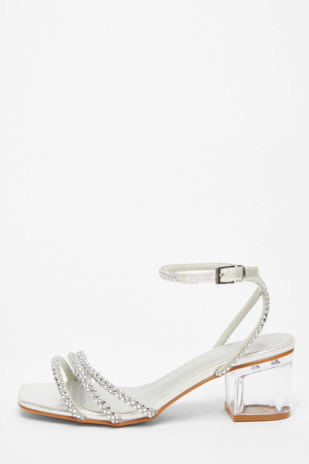 Wide Fit Silver Diamante Low Heeled Sandal