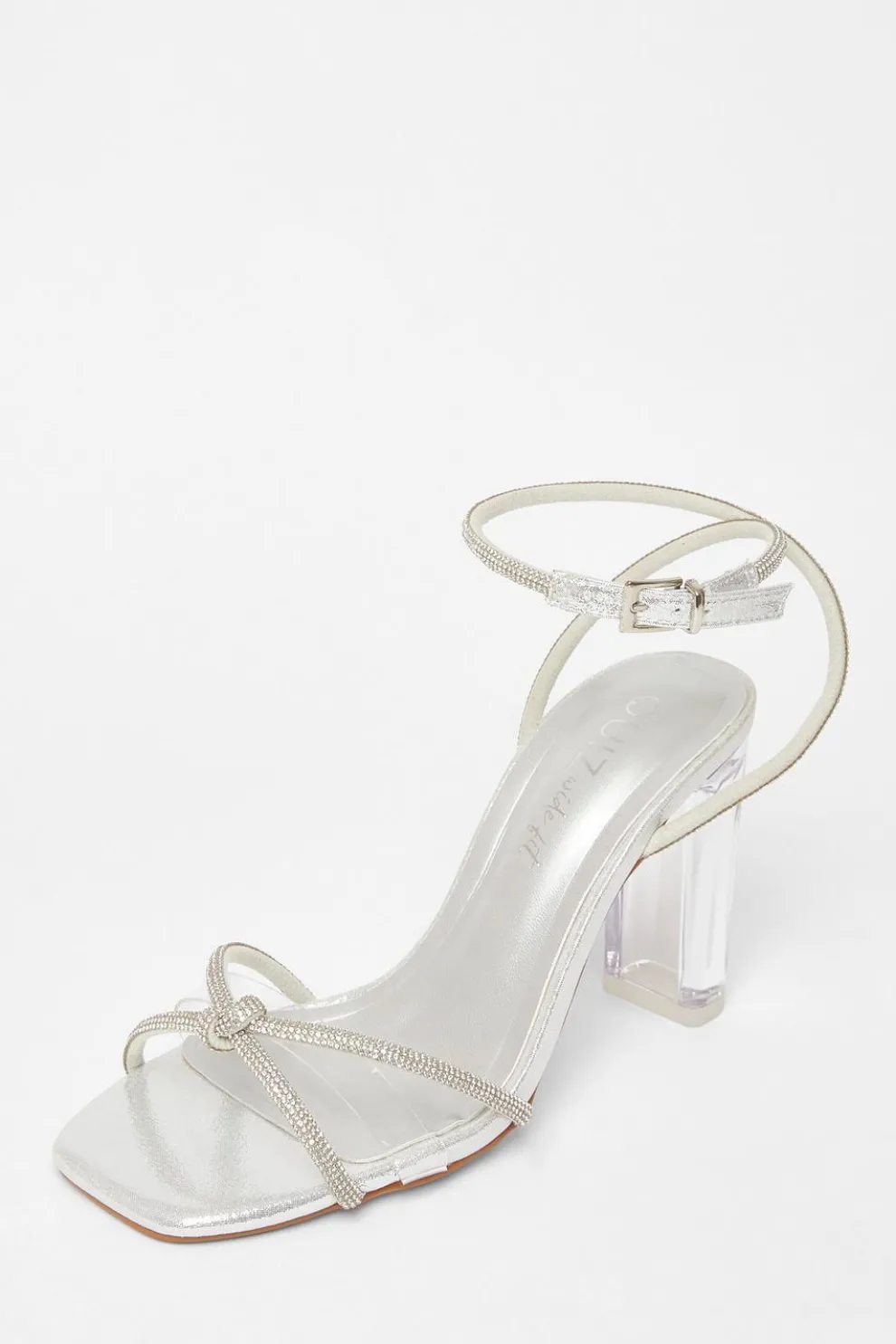 Wide Fit Silver Diamante Clear Block Heels