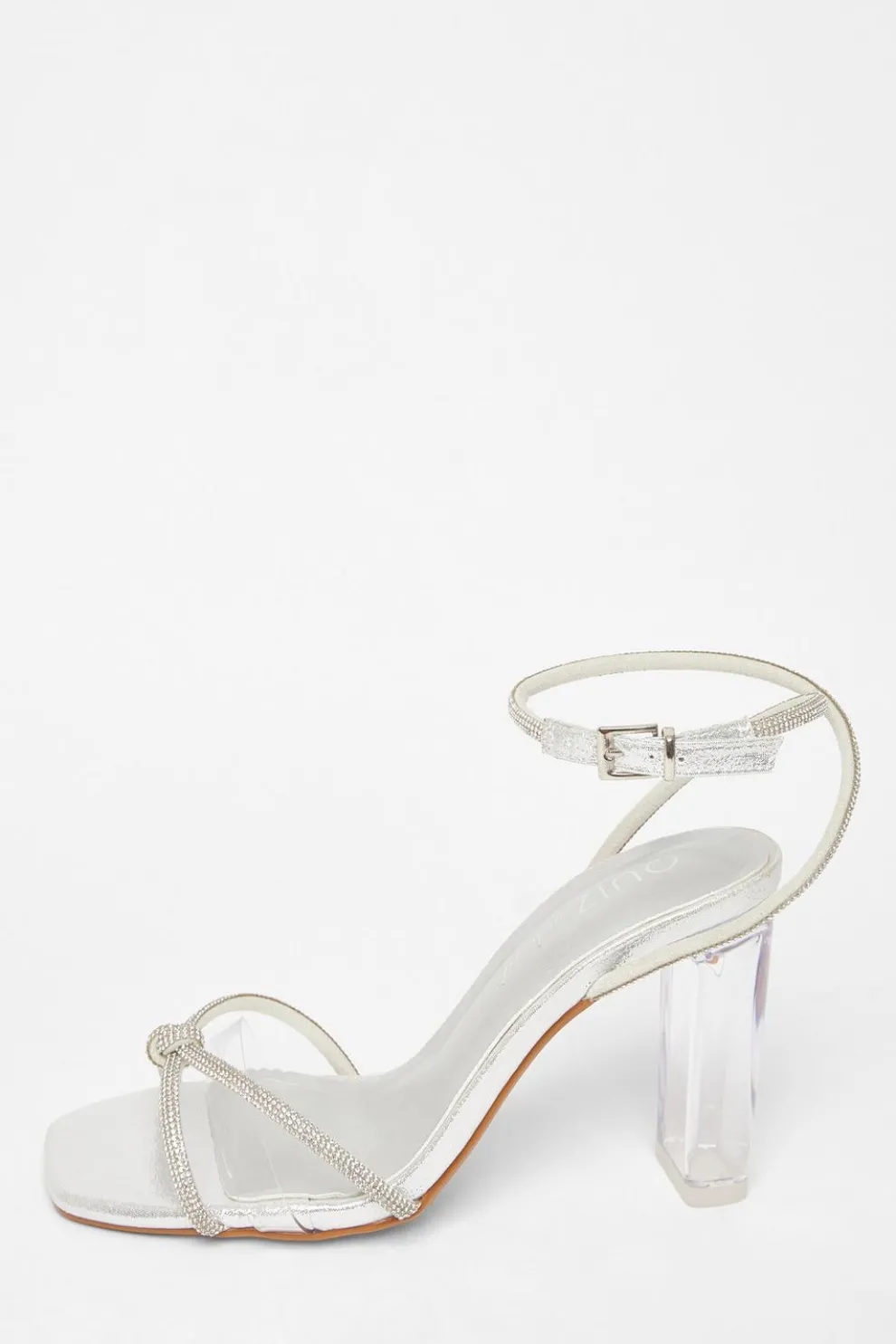 Wide Fit Silver Diamante Clear Block Heels