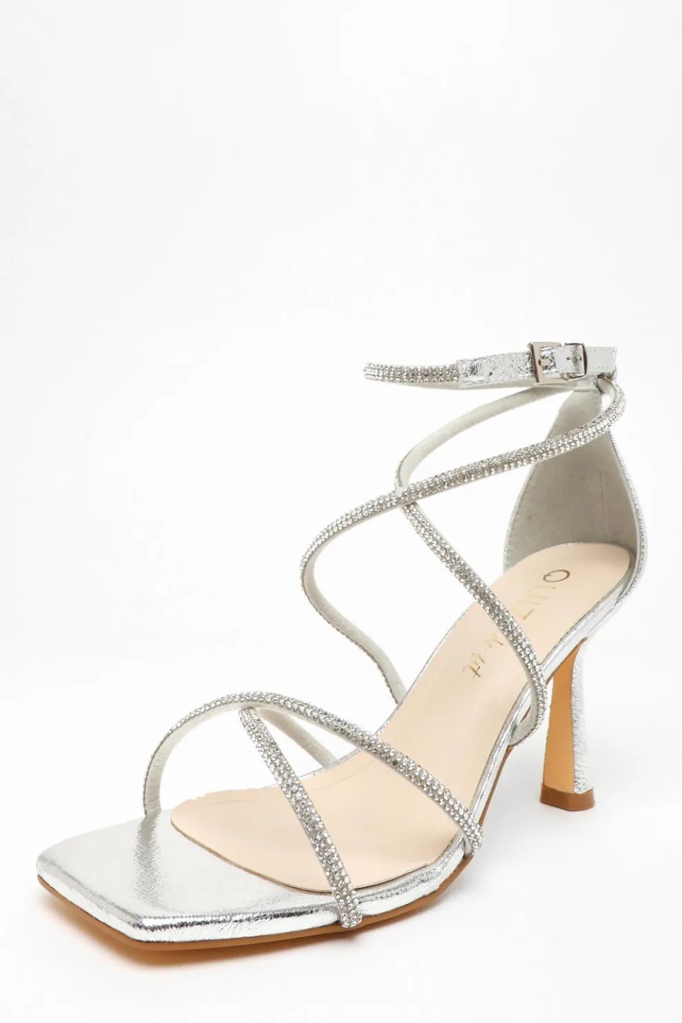Wide Fit Silver Diamante Cross Strap Heeled Sandals