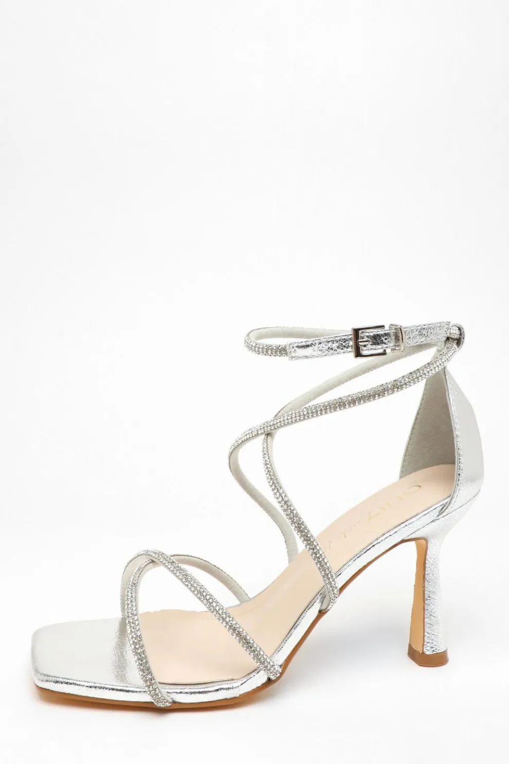 Wide Fit Silver Diamante Cross Strap Heeled Sandals