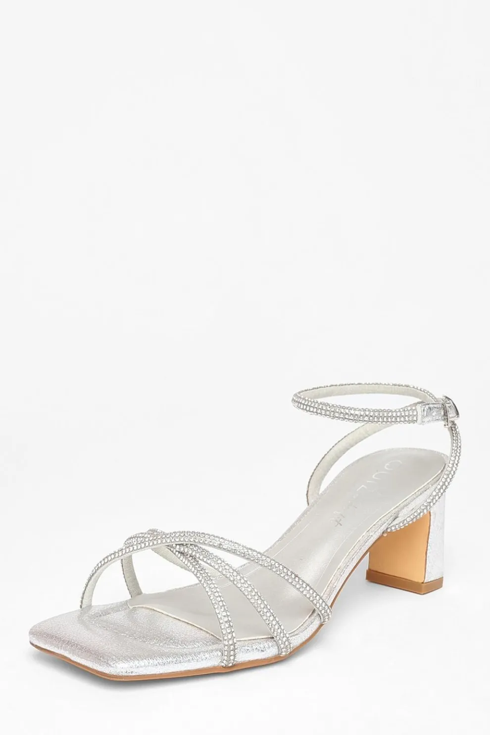 Wide Fit Silver Diamante Strap Block Heels