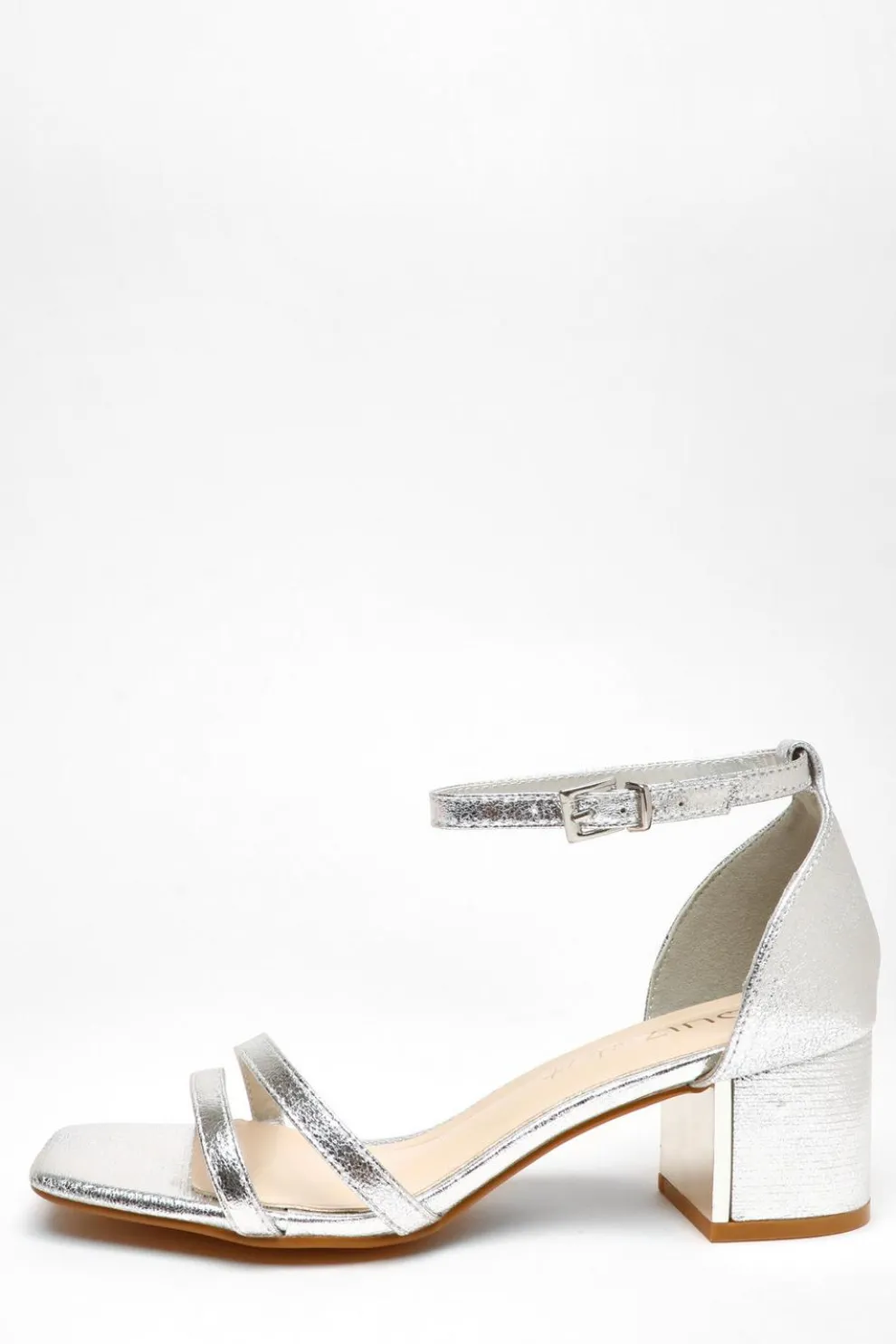 Wide Fit Silver Foil Strappy Low Block Heeled Sandals